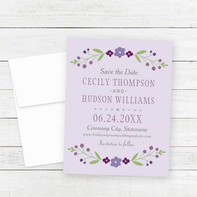 Rustikale Hochzeit mit Lila und grüner Blüte Save The Date (Von Creator hochgeladen)