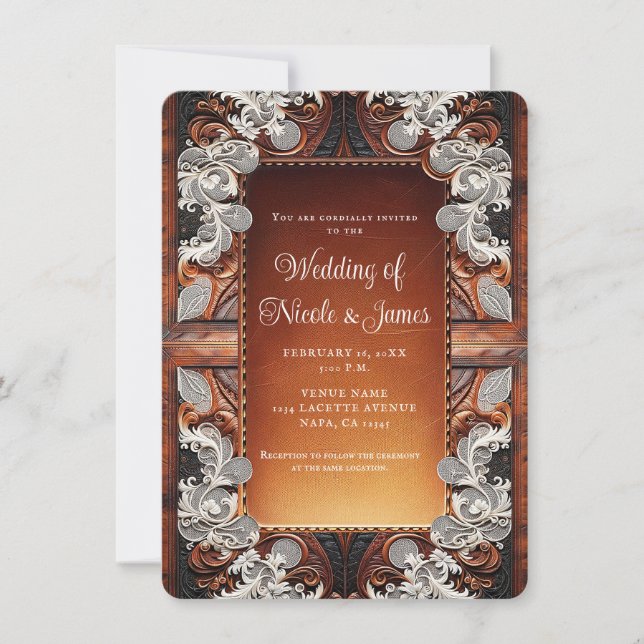 Rustikale Hochzeit mit mehrfarbigem Leder und Spit Einladung (Vorderseite)