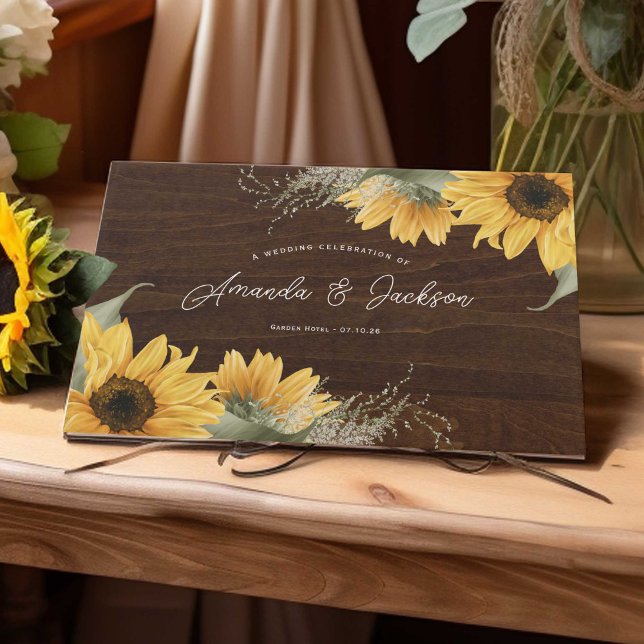 Rustikale Hochzeit mit Sonnenblumen Gästebuch (Rustic wooden sunflower wedding guestbook, for country barn wedding on summer or fall.)