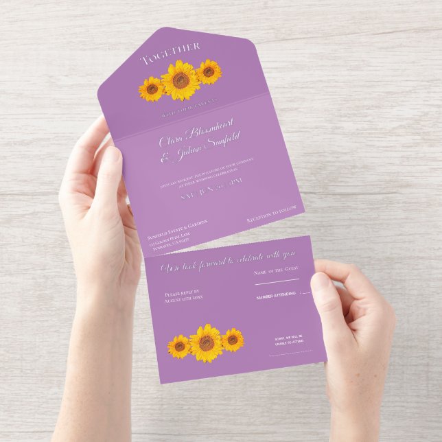 rustikale Hochzeit mit Sonnenblumen - lila All-in-One-Einladung (Abreißstreifen)