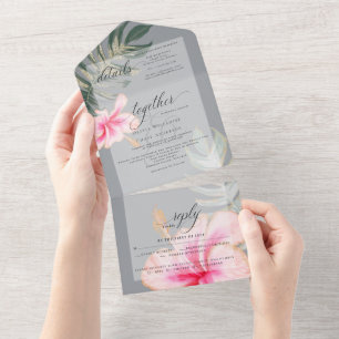 Rustikale Hochzeit mit tropischem Rosa Hibiskus All In One Einladung