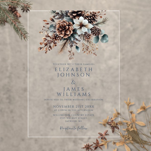 Rustikale Hochzeit Pinecone Acryleinladungen (Elegant Rustic Floral Pinecone Wedding Acrylic Invitations)