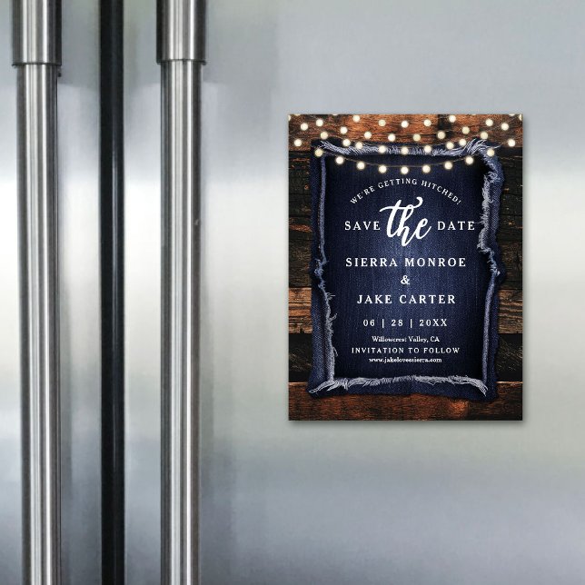 Rustikale Hochzeit Rett Datum Wood Denim Foto Magn Magnetkarte (rustic wedding save the date magnet barn wood slice grain denim ranch country western casual chic)
