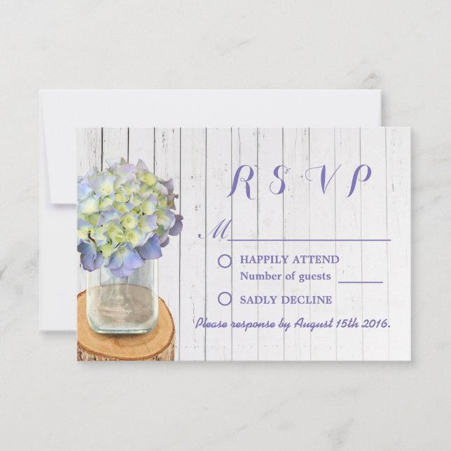 Rustikale Hochzeit RSVP Mason Jar & Hydrangea Karte (Vorderseite)