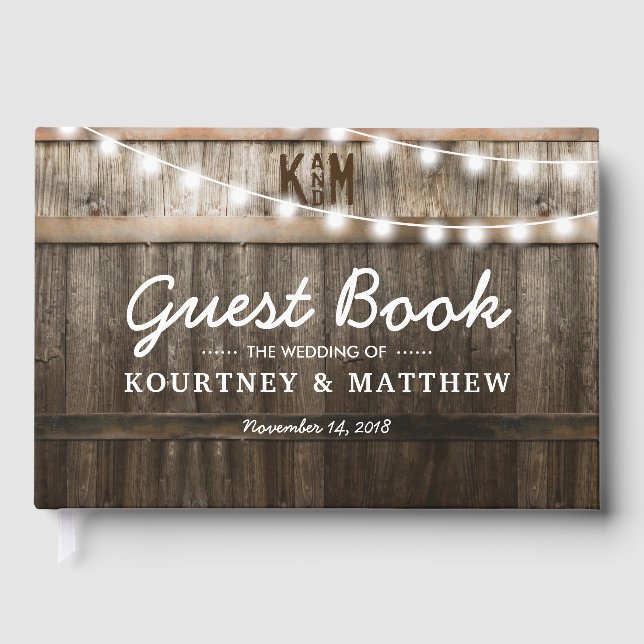 Rustikale Hochzeit | String Lights Gästebuch (Vorderseite)