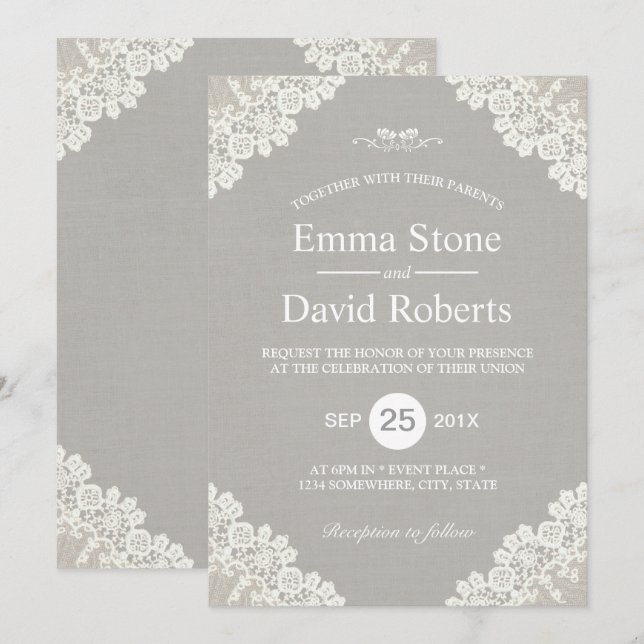 Rustikale Hochzeit Vintage weiße Spitze Elegant Gr Einladung (Vorne/Hinten)