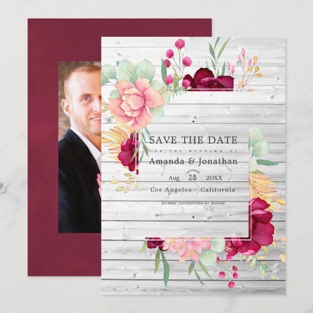 Rustikale Hochzeit von Barn Burgund und Blush Save The Date (Vorne/Hinten)