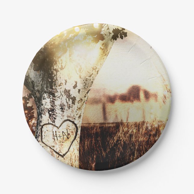 Rustikale Hochzeit von Baum- und Lichterketten Pappteller (Vorderseite)