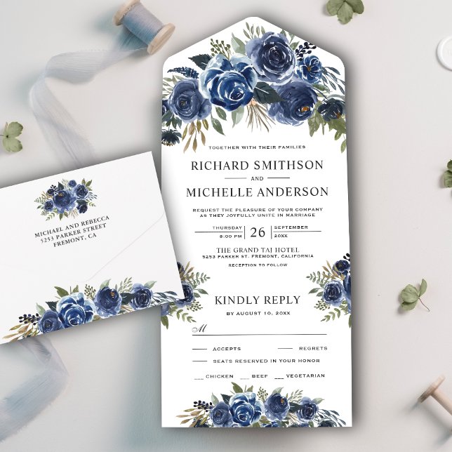 Rustikale Hochzeit von Blue Floral Bouquet All In One Einladung (Von Creator hochgeladen)