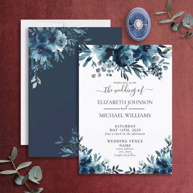 Rustikale Hochzeit von Blue Floral Script Einladung (Von Creator hochgeladen)
