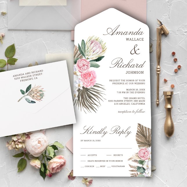 Rustikale Hochzeit von Boho Palm Blush Pink Protea All In One Einladung (Von Creator hochgeladen)
