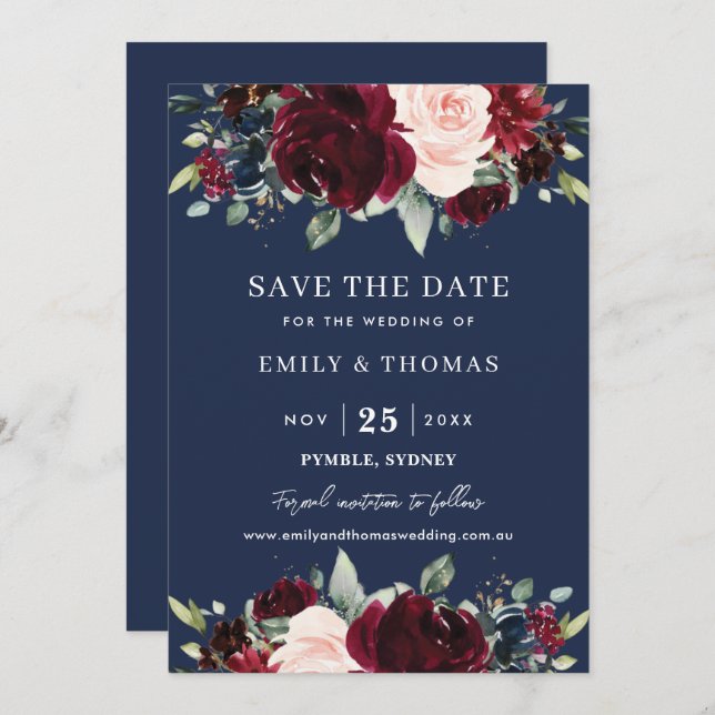 Rustikale Hochzeit von Burgund Blush Navy Blumengr Save The Date (Vorne/Hinten)