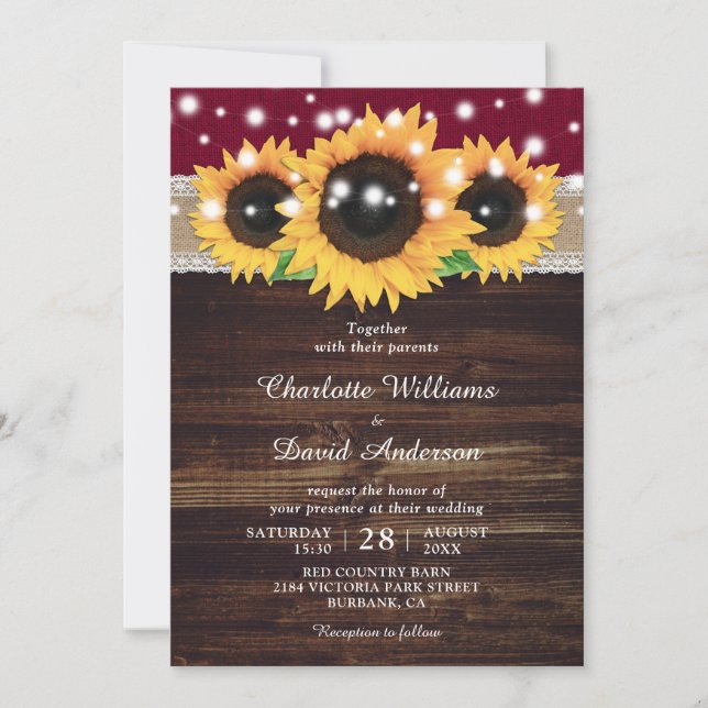 Rustikale Hochzeit von Burgundy Wood Sunflower Einladung (Vorderseite)