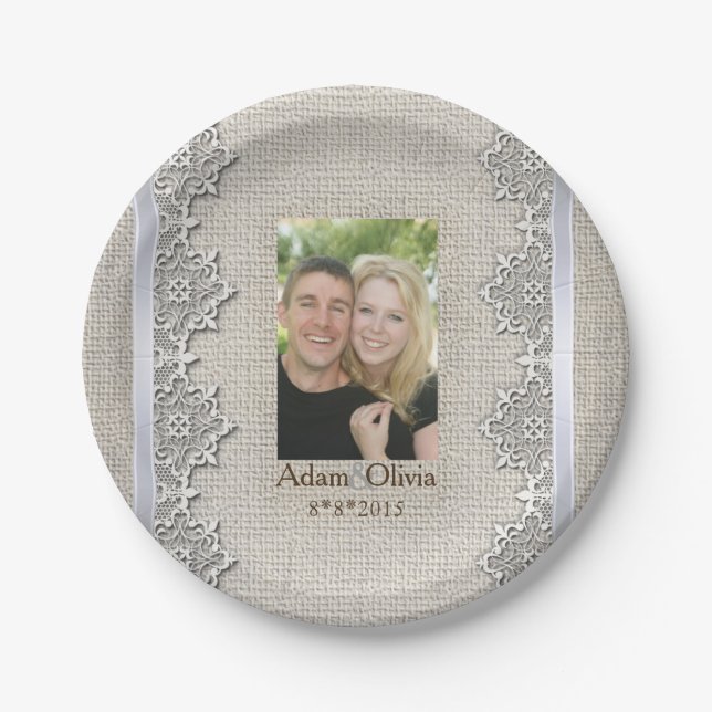 Rustikale Hochzeit von Burlap und Lace Foto Pappteller (Vorderseite)