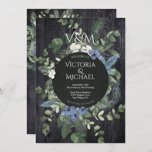 Rustikale Hochzeit von dunklem Holz und Pinienwäld Einladung