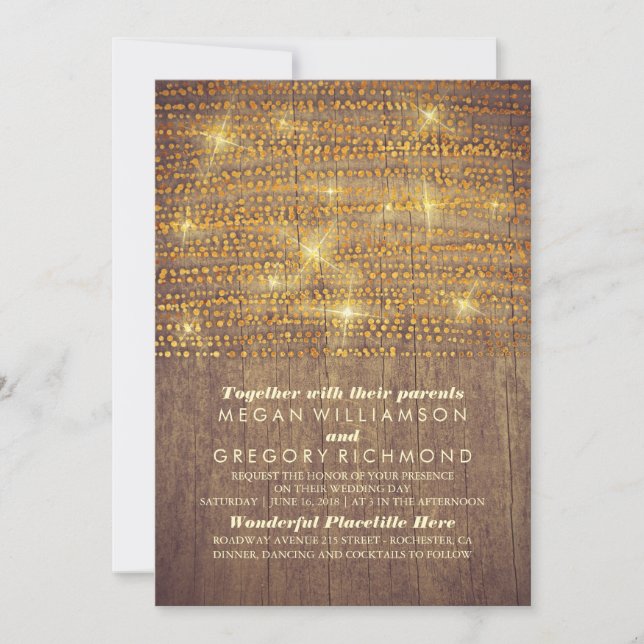 Rustikale Hochzeit von Gold Glitzer String Lights Einladung (Vorderseite)