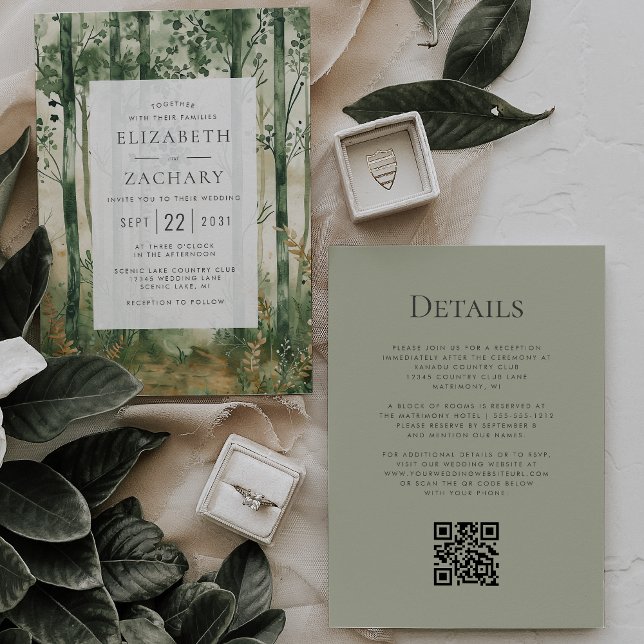 Rustikale Hochzeit von Green Gold Woodland QR Code Einladung (Von Creator hochgeladen)