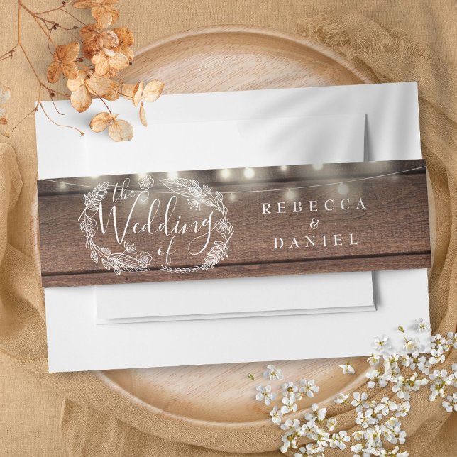 Rustikale Hochzeit von Holzstreichen Einladungsbanderole (Rustic Wood String Lights Floral Wedding Invitation Belly Band)