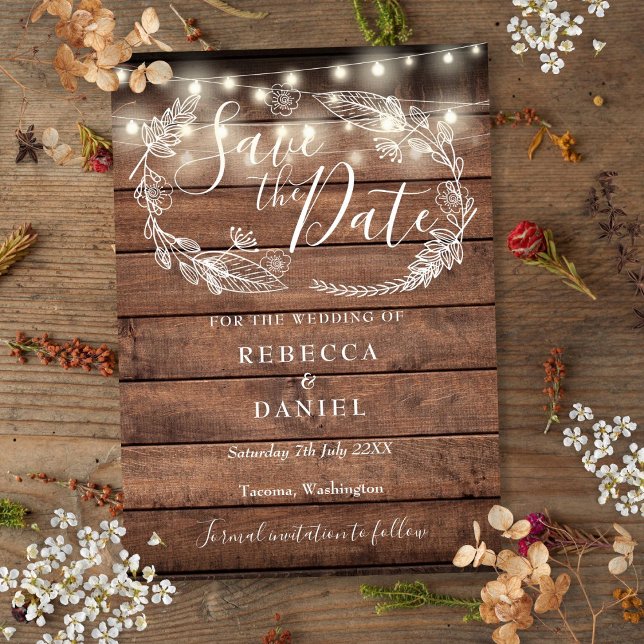 Rustikale Hochzeit von Holzstreichen Save The Date (Rustic Wood String Lights Floral Wedding Save The Date)