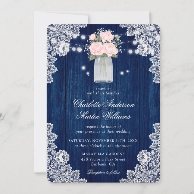 Rustikale Hochzeit von Navy Blue und Blush Wood La Einladung (Vorderseite)