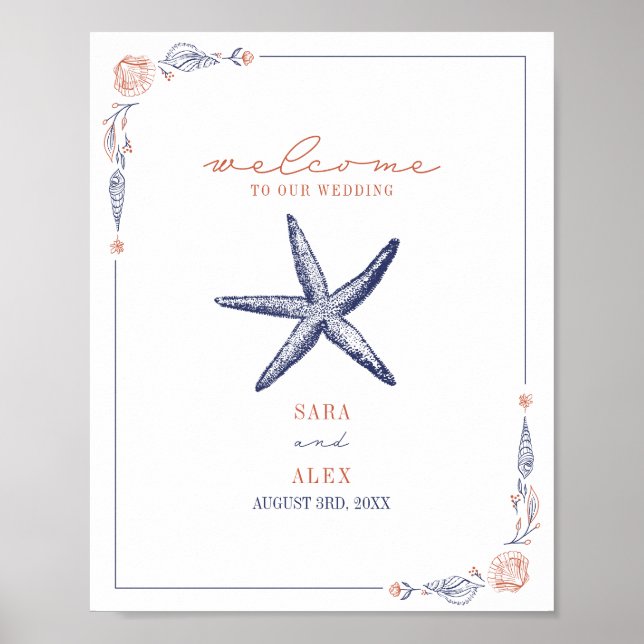 Rustikale Hochzeit von Starfish Red & Blue Beach Poster (Vorne)