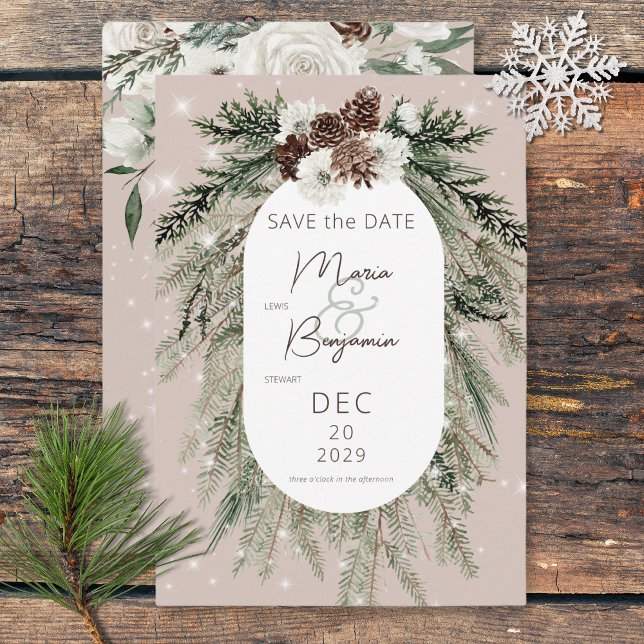 Rustikale Hochzeit von Tan Pine Winter Sparkle Save The Date (Tropical Palm Trees Modern Wedding Save The Date)