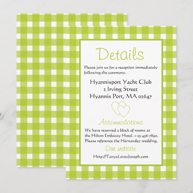 Rustikale Hochzeitdetails Gingham Green Kariertes  Einladung (Vorne/Hinten)