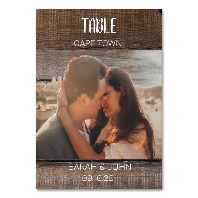 Rustikale Hochzeitreise Reiseziel Foto Name Tischnummer (Vorderseite)
