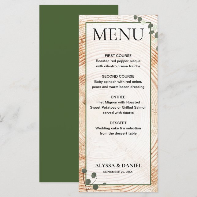 Rustikale Hochzeitsbäume mit Eukalyptus Menükarte (Vorne/Hinten)