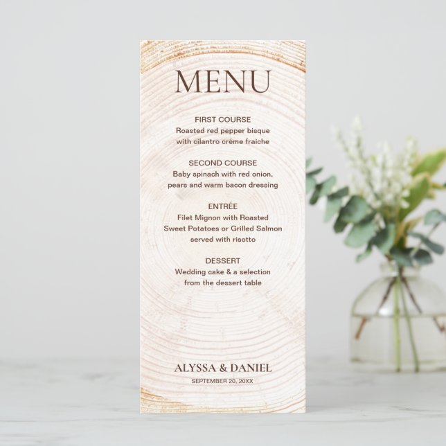 Rustikale Hochzeitsbaumringe Holzrinde Korn  Menükarte (Stehend Vorderseite)