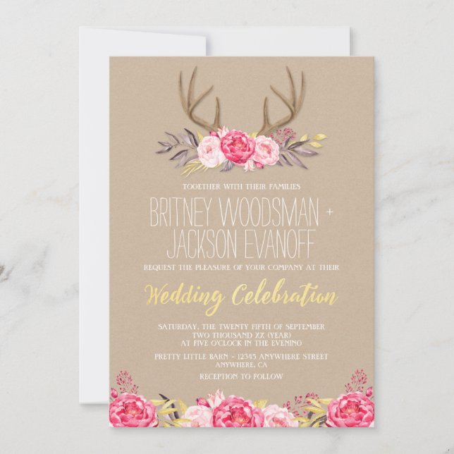Rustikale Hochzeitseinladungen für Peony and Deer  Einladung (Vorderseite)