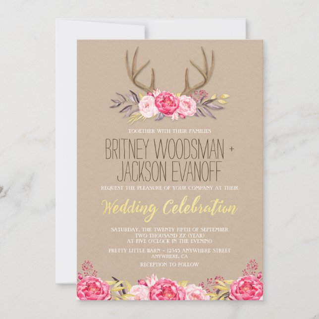 Rustikale Hochzeitseinladungen für Peony and Deer  Einladung (Vorderseite)