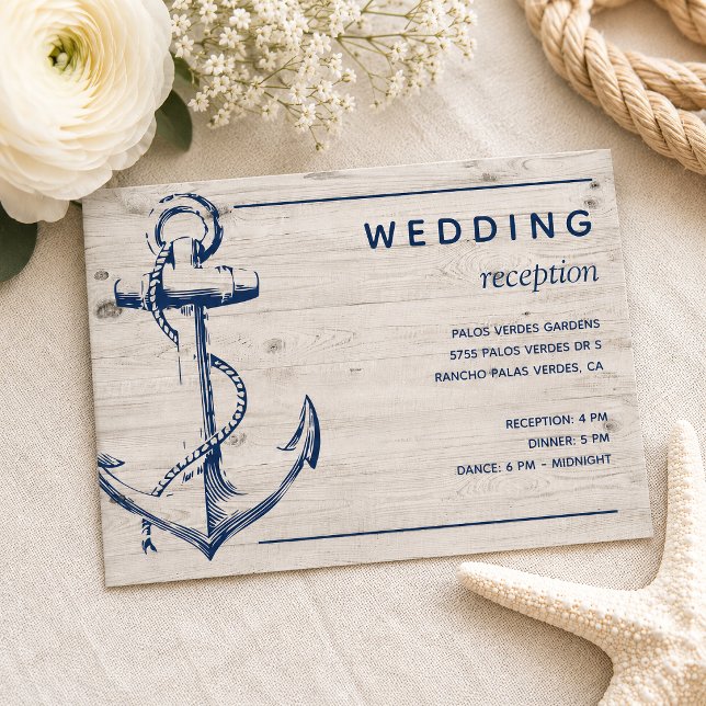 Rustikale Hochzeitsempfehlung für Nautic Anchor Begleitkarte (Tie the knot with this rustic light wood nautical sketch anchor wedding reception card. )