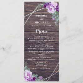 Rustikale Hochzeitsempfehlung mit Lila und silbern Menükarte