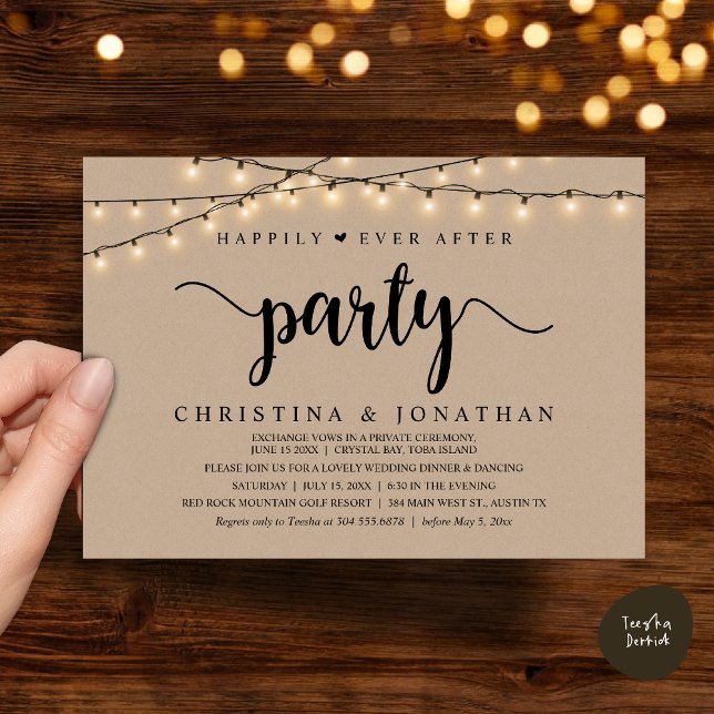Rustikale Hochzeitsfeier, glücklicherweise immer n Einladung (Rustic Wedding Elopement, Happily Ever After Party Invitation Card, PDF, String Lights Brown Kraft)