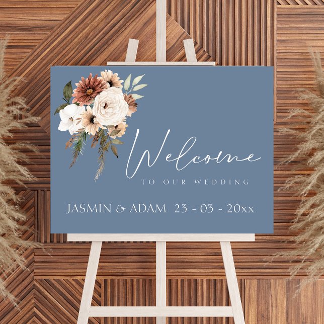 Rustikale Hochzeitsfeier mit blauem Pfirsich Poster (Elegant Dusty Blue Peach Floral Wedding Sign)