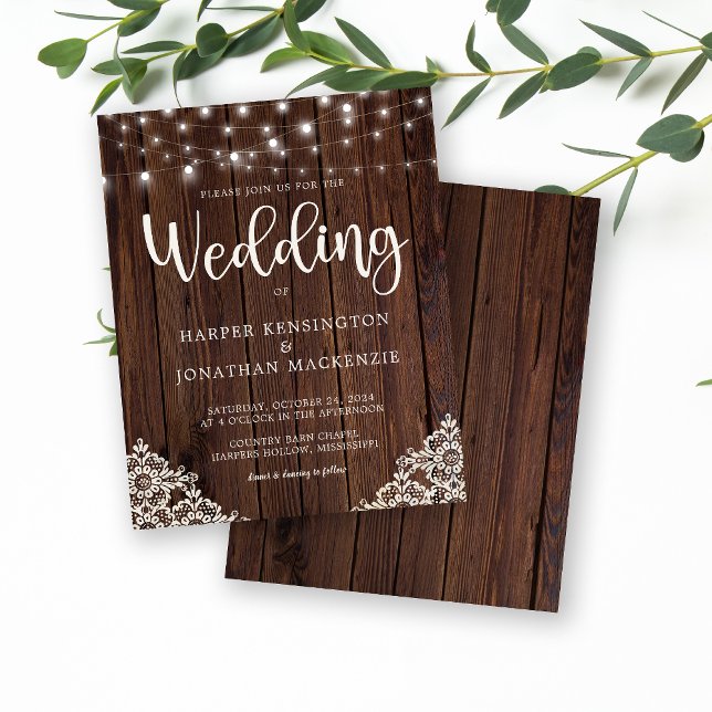 Rustikale Hochzeitshilfen aus Holz (Rustic Wood Lace and String Lights Budget Wedding Invitation)