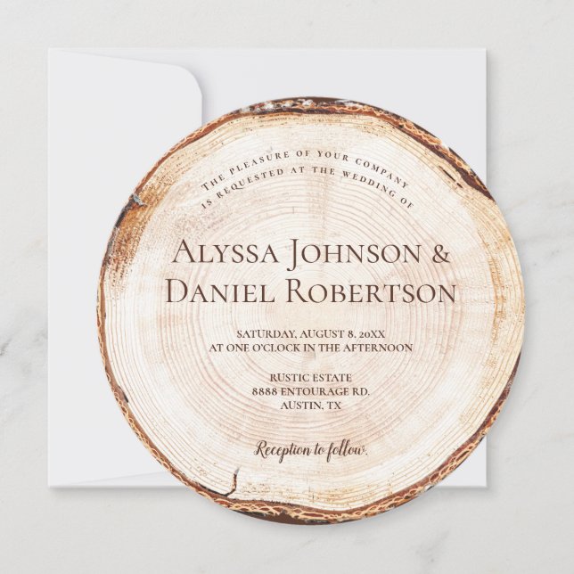 Rustikale Hochzeitsholz-Schnitt-Scheibe einzigarti Einladung (Vorderseite)