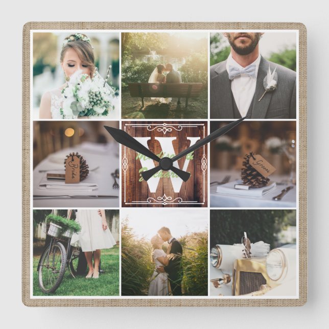 Rustikale Hochzeitsinagram Foto Grid Wood Burlap Quadratische Wanduhr (Vorderseite)