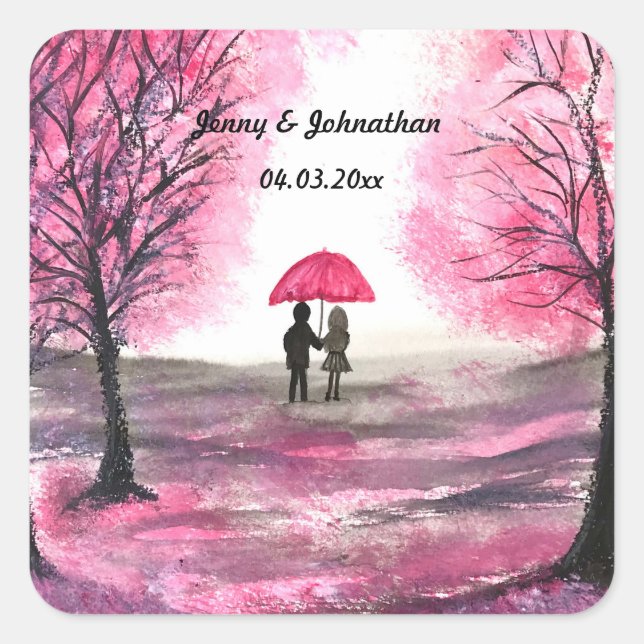 Rustikale Hochzeitskoppel Liebe Kirschblüten Quadratischer Aufkleber (Vorderseite)