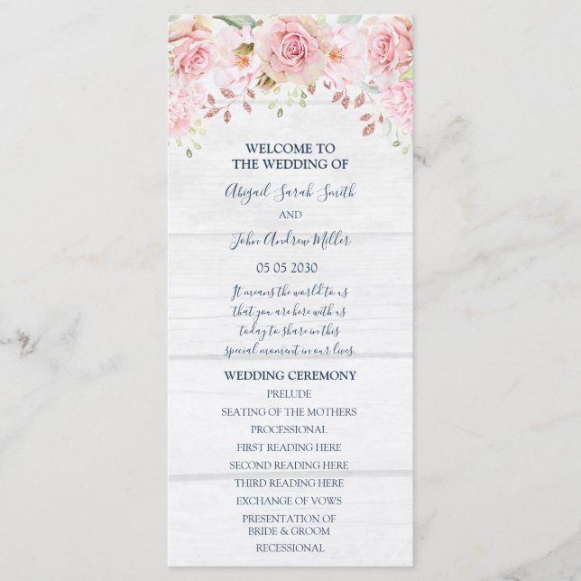 Rustikale Hochzeitsprogramm im Frühlingsblumen-Ros Programm (Vorderseite)