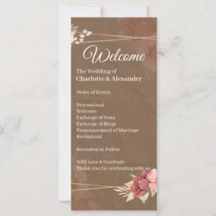 Rustikale Hochzeitsprogramm mit rosafarbenen Blume