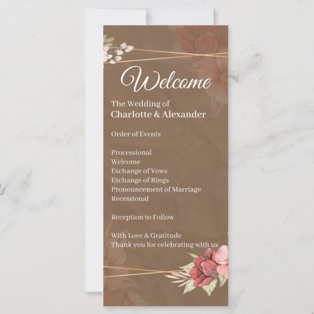 Rustikale Hochzeitsprogramm mit rosafarbenen Blume (Vorderseite)