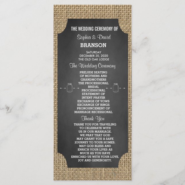 Rustikale Hochzeitsprogramme im Mason-Glas mit Jut Programm (Vorderseite)