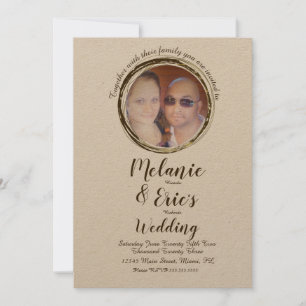 Rustikale Hochzeitsringe mit elegantem Schriftfoto Einladung