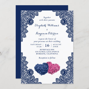 Rustikale Hochzeitsszene in Blau und Rosa Einladung