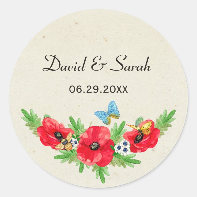 Rustikale Hochzeitswasserfarbe Roter Mohn mit Name Runder Aufkleber (Vorderseite)