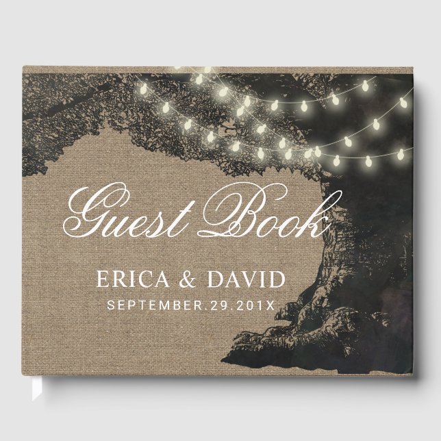 Rustikale Hochzeitszitze leuchtet Vintager Baum Gästebuch (Vorderseite)