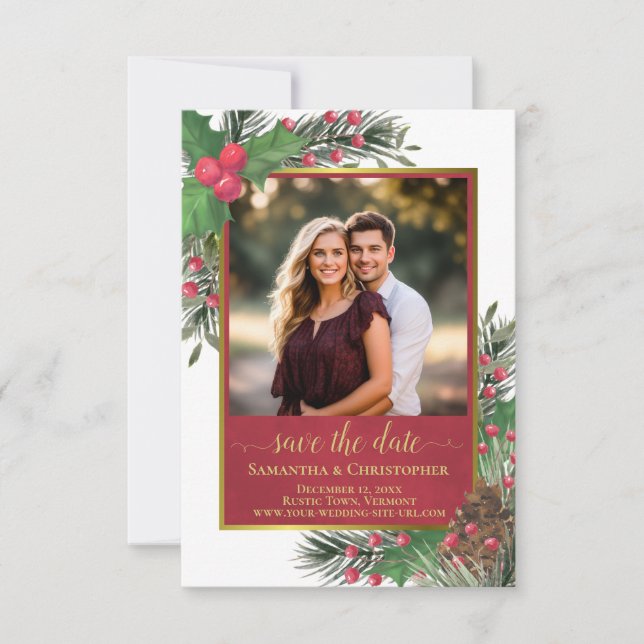 Rustikale Holly & Pine mit Foto Holiday Wedding Save The Date (Vorderseite)