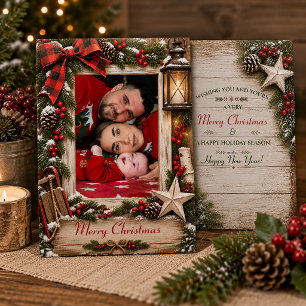 Rustikale Holly-Tannen-Familienfoto-Weihnachten Feiertagskarte